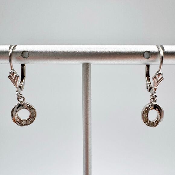 OTC 925 Diamond Wave Circle Dangle Leverback Earrings Dainty Bridal Wedding Tiny - Picture 2 of 13